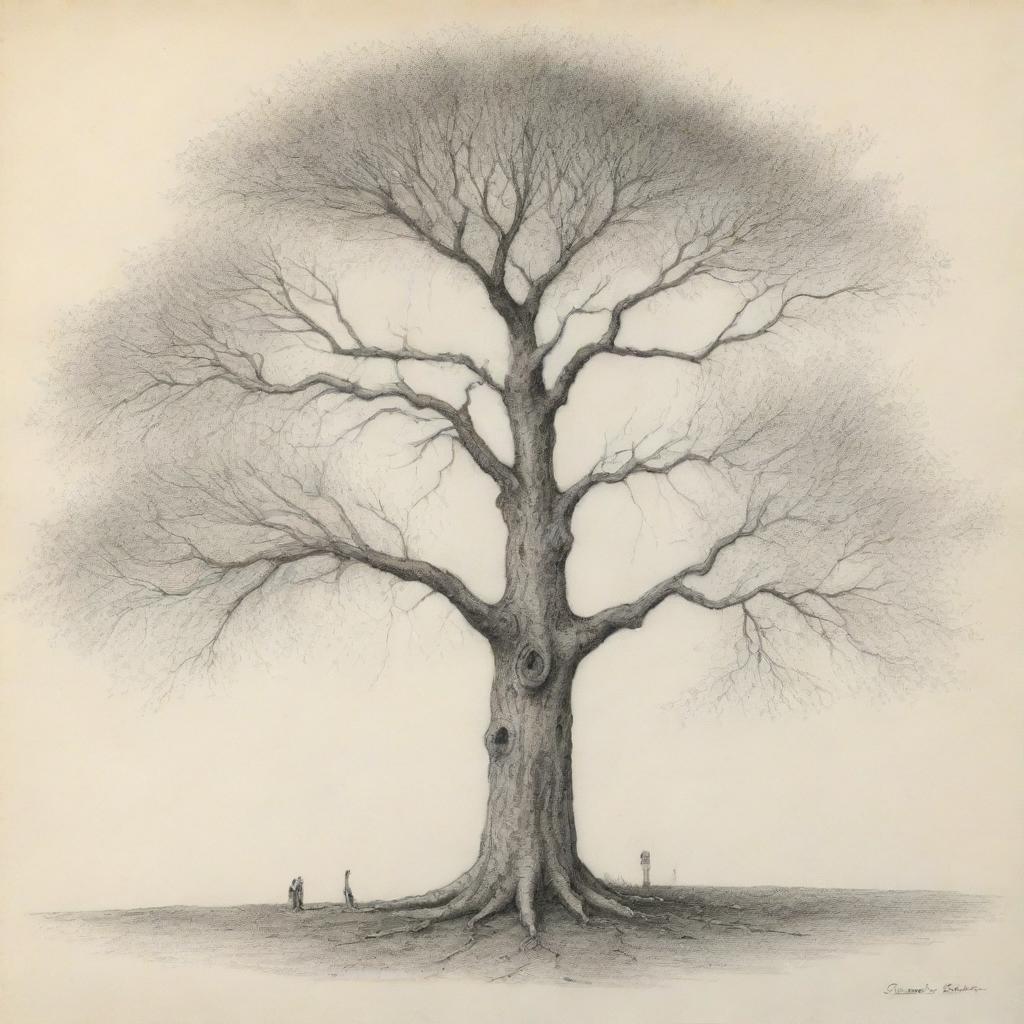 A finely detailed, pencil-drawn rendering of the symbolic tree from Samuel Beckett's 'Waiting for Godot.'