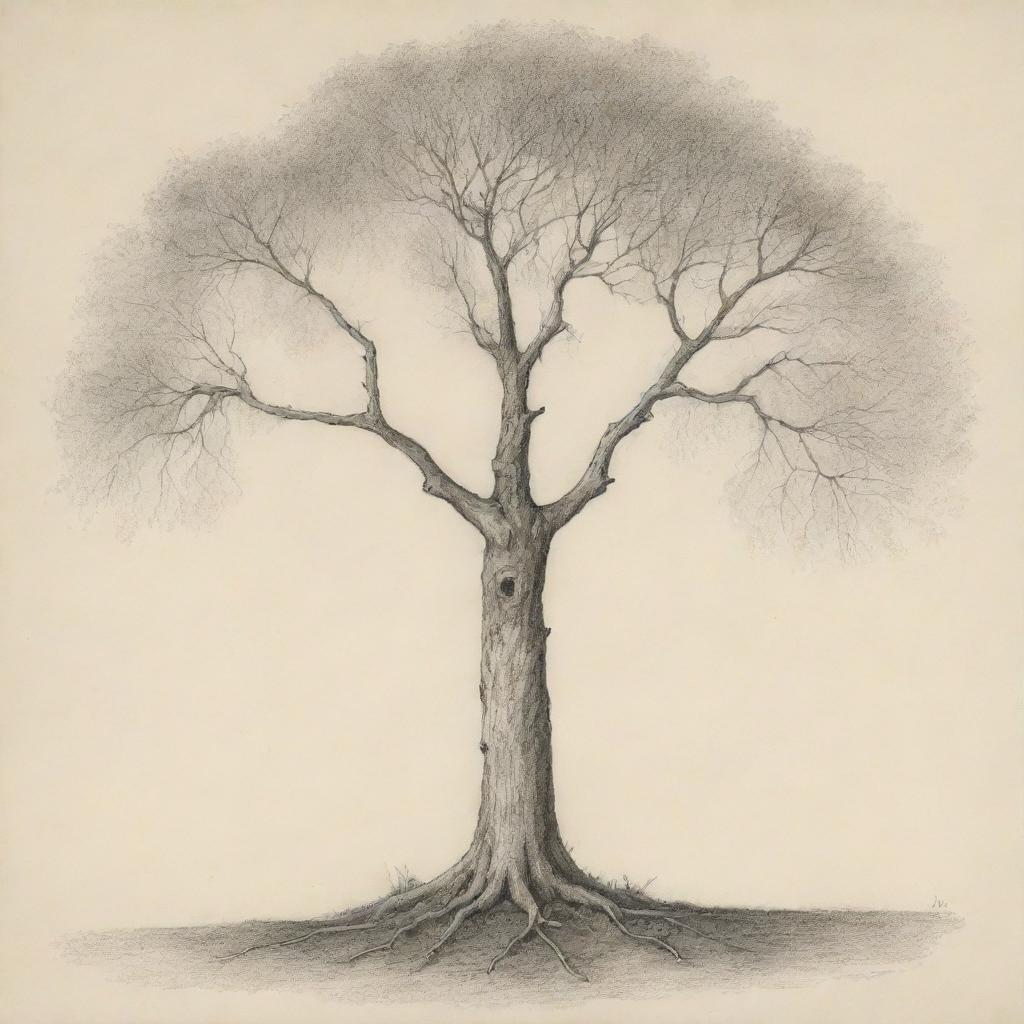 A finely detailed, pencil-drawn rendering of the symbolic tree from Samuel Beckett's 'Waiting for Godot.'