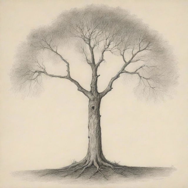 A finely detailed, pencil-drawn rendering of the symbolic tree from Samuel Beckett's 'Waiting for Godot.'