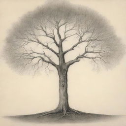 A finely detailed, pencil-drawn rendering of the symbolic tree from Samuel Beckett's 'Waiting for Godot.'