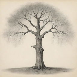 A finely detailed, pencil-drawn rendering of the symbolic tree from Samuel Beckett's 'Waiting for Godot.'