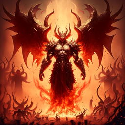 Add massive, intimidating demonic wings to the demon king levitating with a fiery aura in hell, commanding his army.