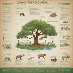 An informative and educational poster showcasing the origin and evolution of eco-tourism, featuring key milestones and figures, suitable for a presentation.