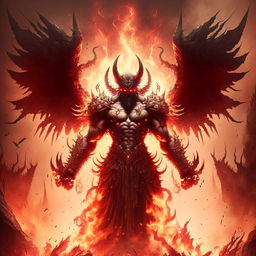 Add massive, intimidating demonic wings to the demon king levitating with a fiery aura in hell, commanding his army.