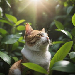 A vivid high-definition, cinematic image of a cat basking in the sunshine, surrounded by the lush greenery of a jungle.