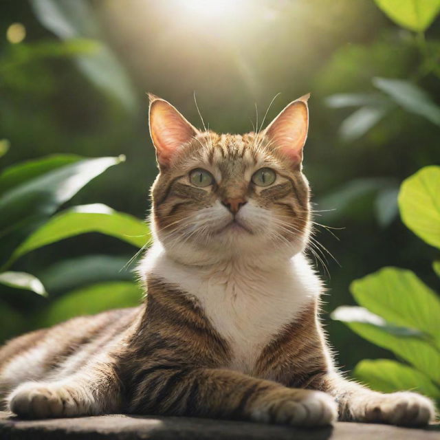 A vivid high-definition, cinematic image of a cat basking in the sunshine, surrounded by the lush greenery of a jungle.