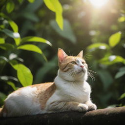 A vivid high-definition, cinematic image of a cat basking in the sunshine, surrounded by the lush greenery of a jungle.