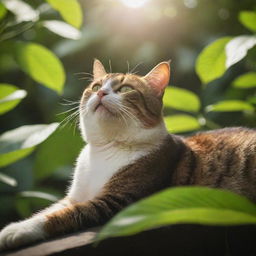 A vivid high-definition, cinematic image of a cat basking in the sunshine, surrounded by the lush greenery of a jungle.