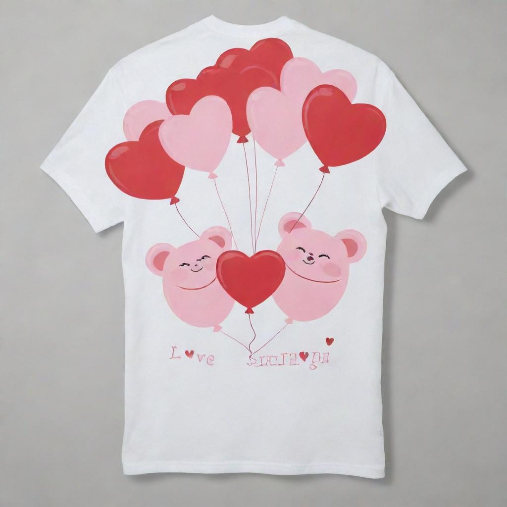 A charming Valentine's themed t-shirt portraying cartoon characters joyously holding heart balloons, encapsulating the phrase 'Love Soars High'. The design is effortless, endearing, and exemplary for disseminating amorosity.