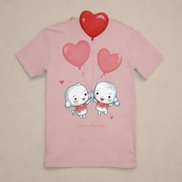 A charming Valentine's themed t-shirt portraying cartoon characters joyously holding heart balloons, encapsulating the phrase 'Love Soars High'. The design is effortless, endearing, and exemplary for disseminating amorosity.