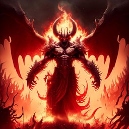 Add massive, intimidating demonic wings to the demon king levitating with a fiery aura in hell, commanding his army.