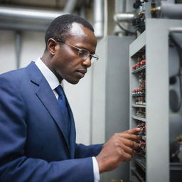 A Kenyan engineer, complete with glasses and professional attire, intently inspecting HVAC systems in a modern mechanical room.