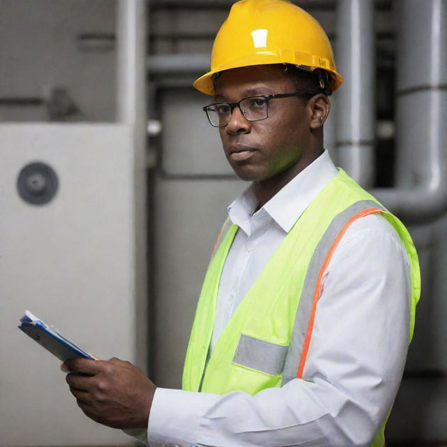 A Kenyan engineer, complete with glasses and professional attire, intently inspecting HVAC systems in a modern mechanical room.