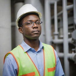 A Kenyan engineer, complete with glasses and professional attire, intently inspecting HVAC systems in a modern mechanical room.