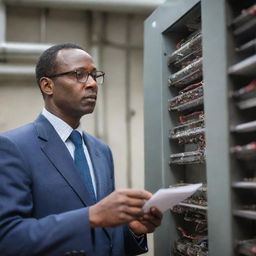 A Kenyan engineer, complete with glasses and professional attire, intently inspecting HVAC systems in a modern mechanical room.