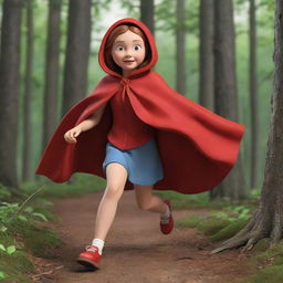 A 3D cartoon of Little Red Riding Hood running through the woods with her iconic red cape flowing