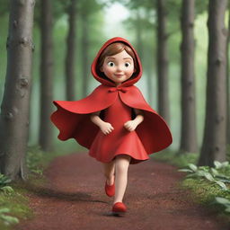 A 3D cartoon of Little Red Riding Hood running through the woods with her iconic red cape flowing