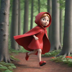 A 3D cartoon of Little Red Riding Hood running through the woods with her iconic red cape flowing