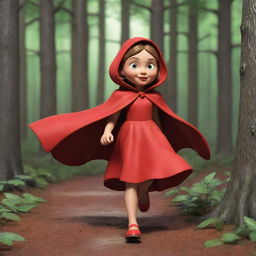 A 3D cartoon of Little Red Riding Hood running through the woods with her iconic red cape flowing