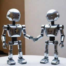 Robot characters 'Bolt' and 'Circuit' getting ready for the annual Innovation Gala, polishing their shiny metal bodies and placing on their most elegant accessories amid the air of excitement and anticipation.