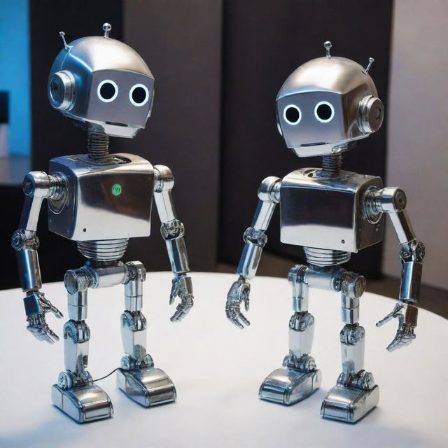 Robot characters 'Bolt' and 'Circuit' getting ready for the annual Innovation Gala, polishing their shiny metal bodies and placing on their most elegant accessories amid the air of excitement and anticipation.