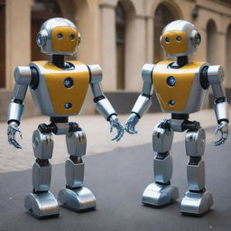 Robot characters 'Bolt' and 'Circuit' getting ready for the annual Innovation Gala, polishing their shiny metal bodies and placing on their most elegant accessories amid the air of excitement and anticipation.