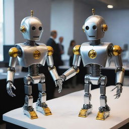 Robot characters 'Bolt' and 'Circuit' getting ready for the annual Innovation Gala, polishing their shiny metal bodies and placing on their most elegant accessories amid the air of excitement and anticipation.