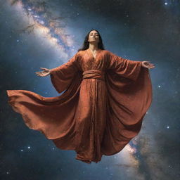 A spiritual figure floating in space, adorned in long flowing robes, surrounded by stars and nebulae.