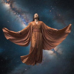 A spiritual figure floating in space, adorned in long flowing robes, surrounded by stars and nebulae.