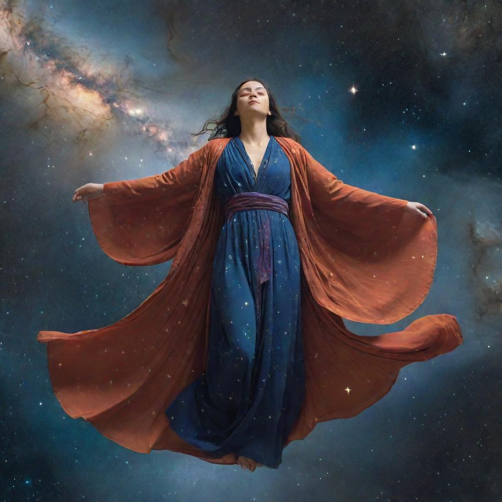 A spiritual figure floating in space, adorned in long flowing robes, surrounded by stars and nebulae.