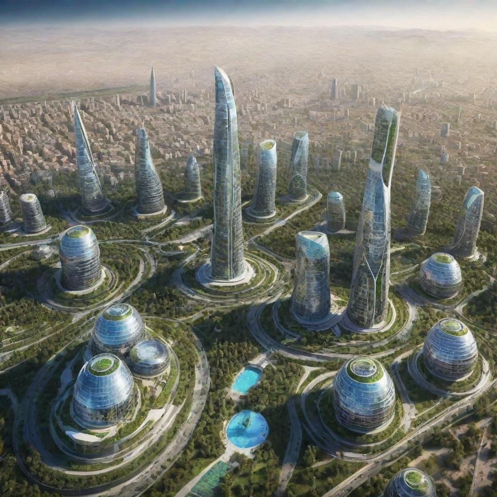 Futuristic cityscape of Iran in the year 3000 with advanced technology, innovative buildings, clean energy stations, and lush green spaces.