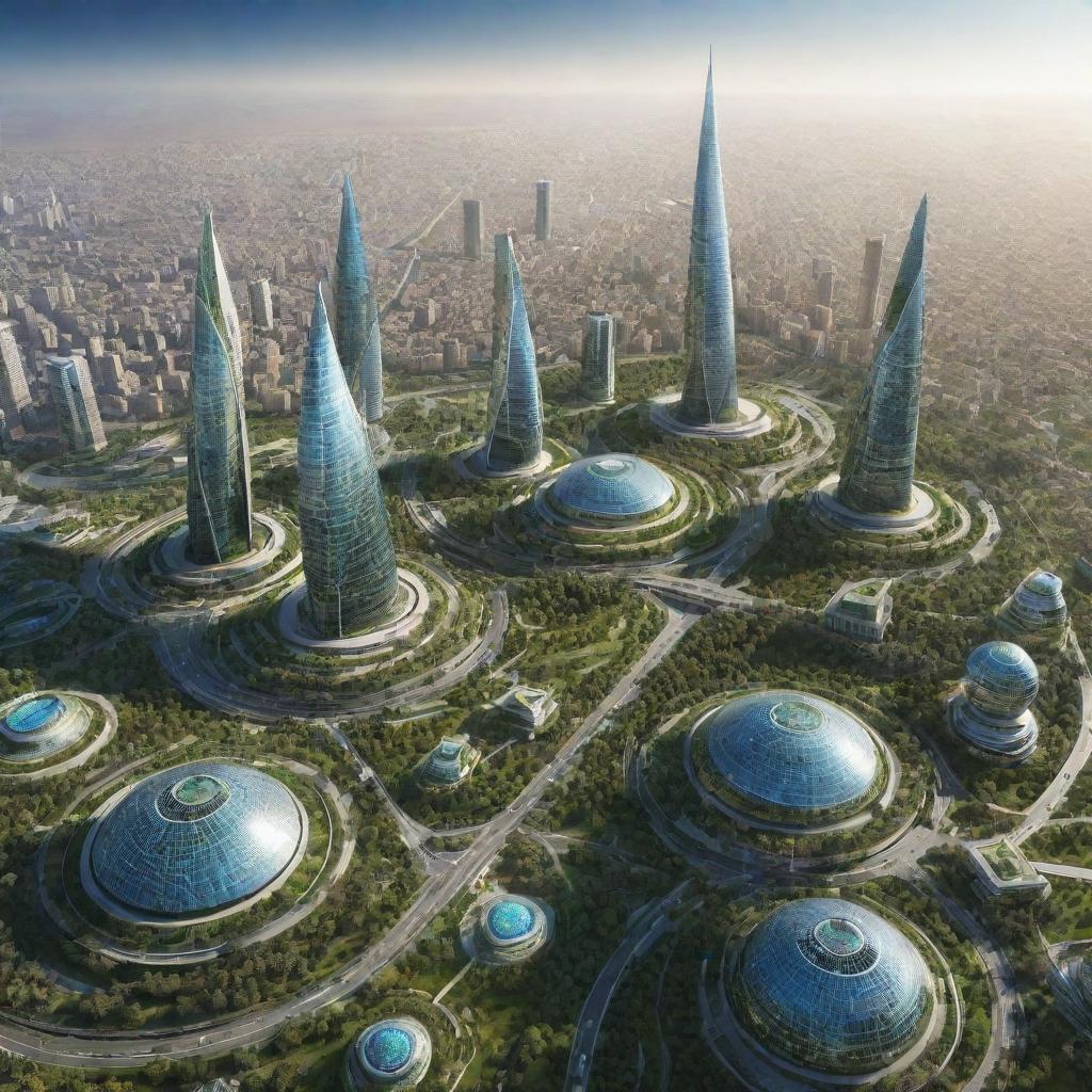 Futuristic cityscape of Iran in the year 3000 with advanced technology, innovative buildings, clean energy stations, and lush green spaces.