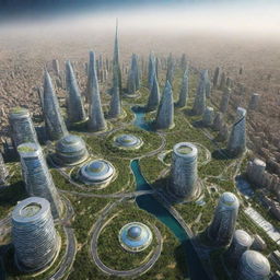 Futuristic cityscape of Iran in the year 3000 with advanced technology, innovative buildings, clean energy stations, and lush green spaces.