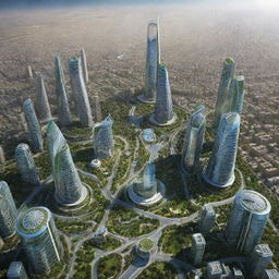 Futuristic cityscape of Iran in the year 3000 with advanced technology, innovative buildings, clean energy stations, and lush green spaces.