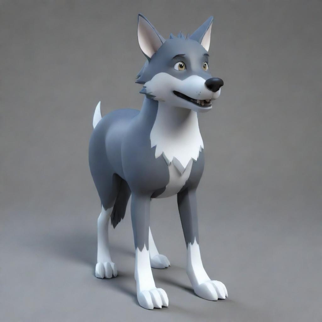 Generate a 3D image of a cartoon-style wolf character.