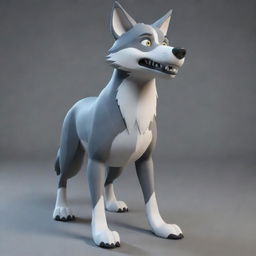 Generate a 3D image of a cartoon-style wolf character.