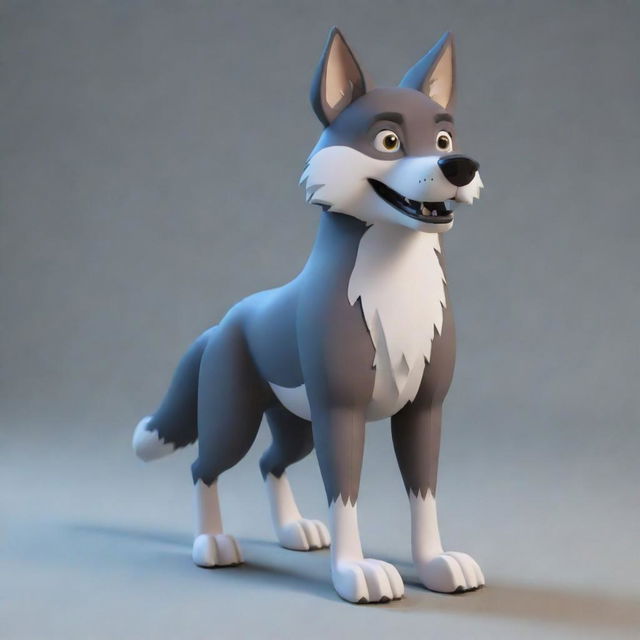 Generate a 3D image of a cartoon-style wolf character.