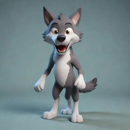 Generate a 3D image of a cartoon-style wolf character.