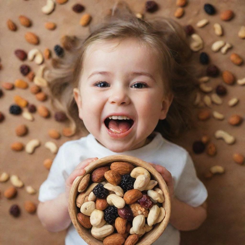 A child joyfully munching on a variety of nuts and dried fruits, their face full of delight