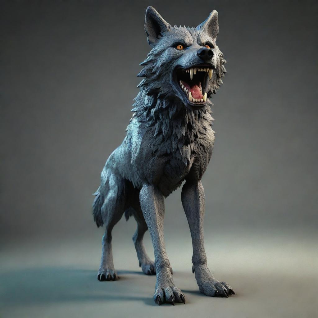 Generate a 3D image of a scary, menacing wolf standing upright in cartoon-style.