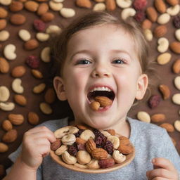 A child joyfully munching on a variety of nuts and dried fruits, their face full of delight