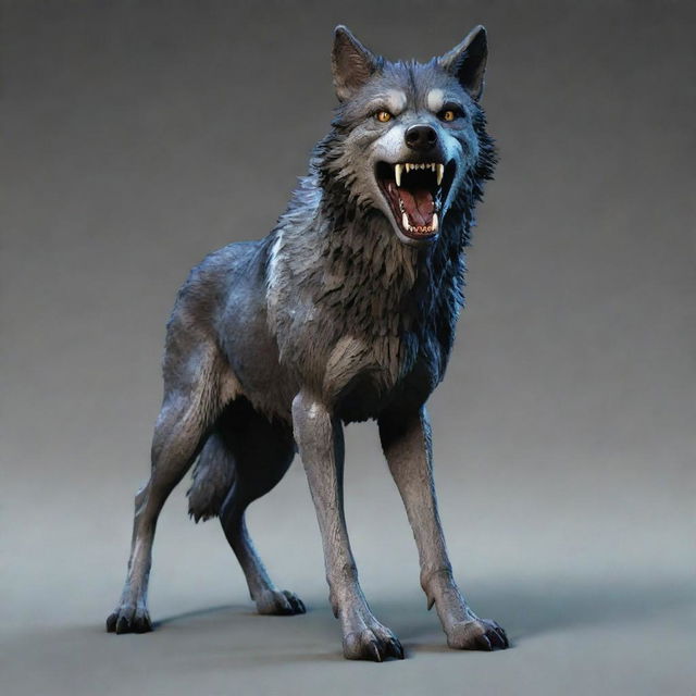 Generate a 3D image of a scary, menacing wolf standing upright in cartoon-style.