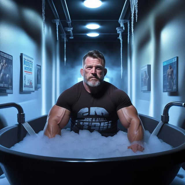 a muscular fan in a Joe Rogan-themed ice bath setup, with motivational posters on the wall, ambient, frosty blue lighting, and a serene, focused expression