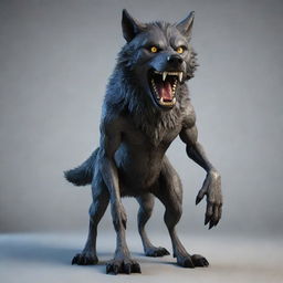 Generate a 3D image of a scary, menacing wolf standing upright in cartoon-style.