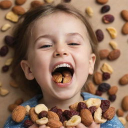 A child joyfully munching on a variety of nuts and dried fruits, their face full of delight