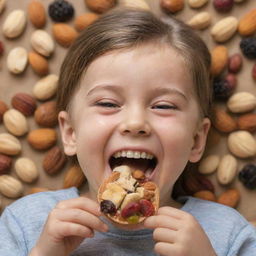 A child joyfully munching on a variety of nuts and dried fruits, their face full of delight