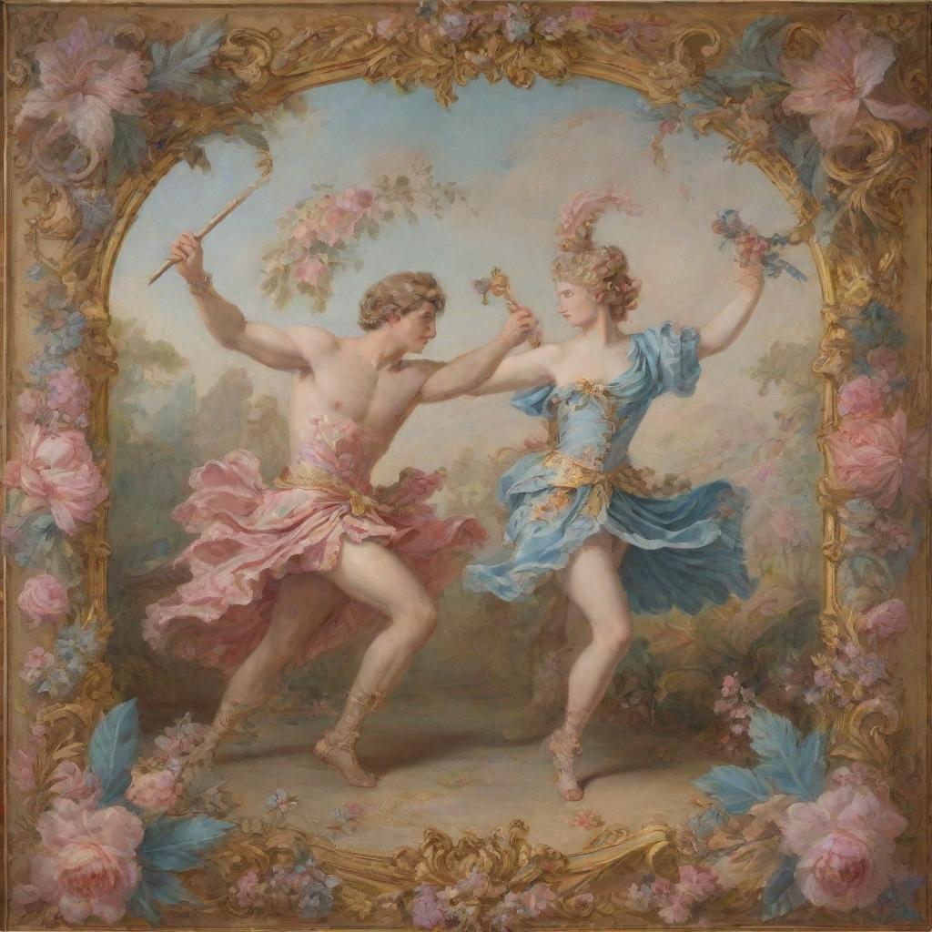 A Rococo style scene depicting Achilles in an intricate duel with the Amazonian queen, Penthesilea, all encapsulated in pastel floral aesthetic.