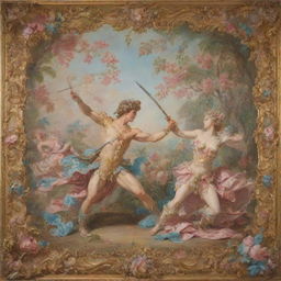 A Rococo style scene depicting Achilles in an intricate duel with the Amazonian queen, Penthesilea, all encapsulated in pastel floral aesthetic.