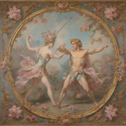 A Rococo style scene depicting Achilles in an intricate duel with the Amazonian queen, Penthesilea, all encapsulated in pastel floral aesthetic.