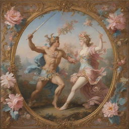 A Rococo style scene depicting Achilles in an intricate duel with the Amazonian queen, Penthesilea, all encapsulated in pastel floral aesthetic.